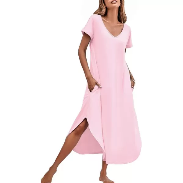 Ekouaer Nightgowns for Women V Neck Nightshirts Short Sleeve Soft Sleepwear Side Split Pockets Long Nightdress S3XLMisty Rose