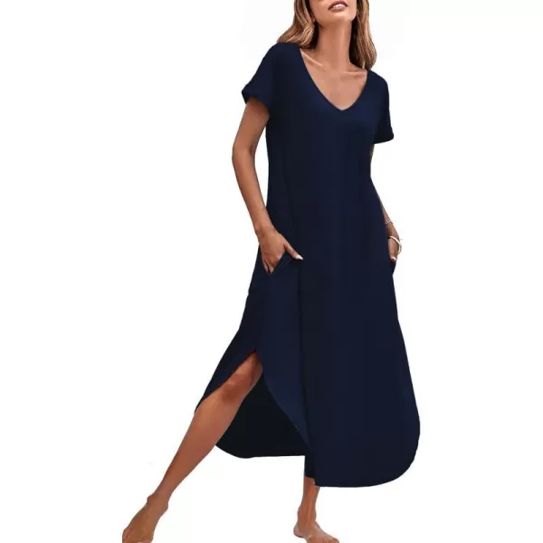 Ekouaer Nightgowns for Women V Neck Nightshirts Short Sleeve Soft Sleepwear Side Split Pockets Long Nightdress S3XLNavy