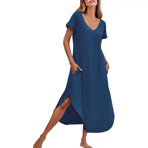 Ekouaer Nightgowns for Women V Neck Nightshirts Short Sleeve Soft Sleepwear Side Split Pockets Long Nightdress S3XLNavy Blue