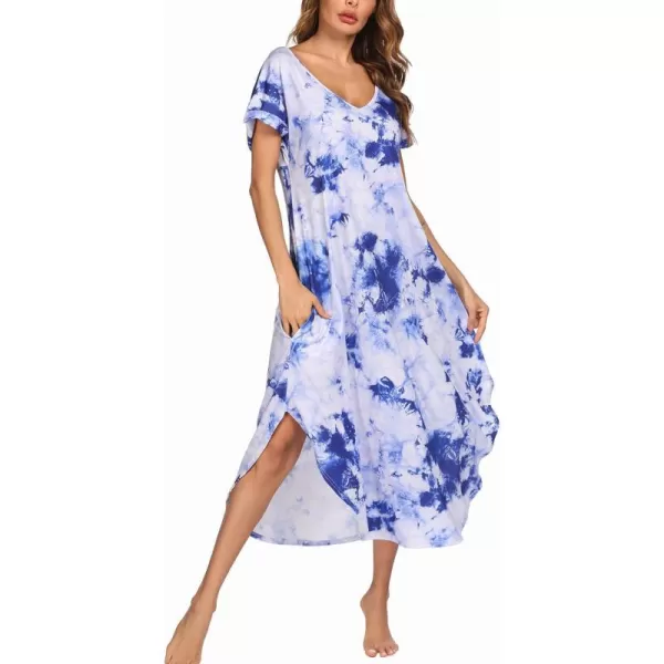 Ekouaer Nightgowns for Women V Neck Nightshirts Short Sleeve Soft Sleepwear Side Split Pockets Long Nightdress S3XLPat1 Tie Dye