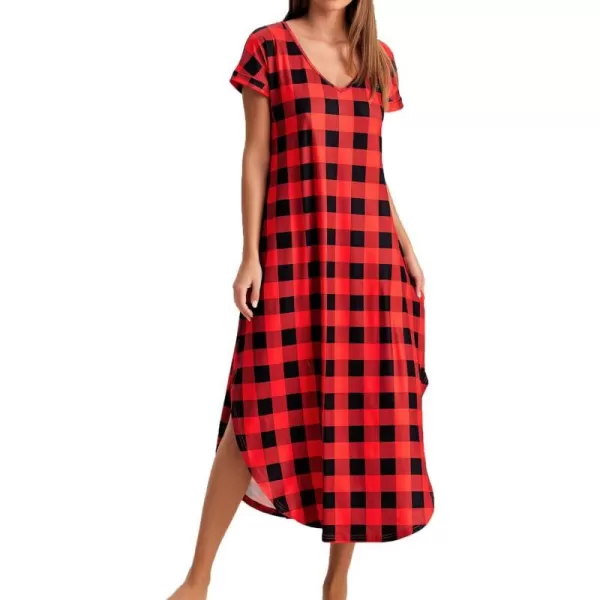 Ekouaer Nightgowns for Women V Neck Nightshirts Short Sleeve Soft Sleepwear Side Split Pockets Long Nightdress S3XLPat13 Red Plaid