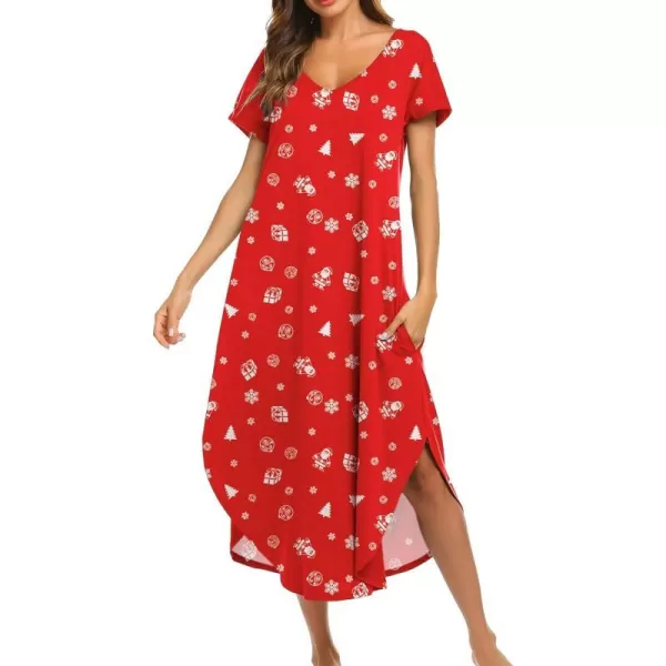 Ekouaer Nightgowns for Women V Neck Nightshirts Short Sleeve Soft Sleepwear Side Split Pockets Long Nightdress S3XLPat14 Christmas Red