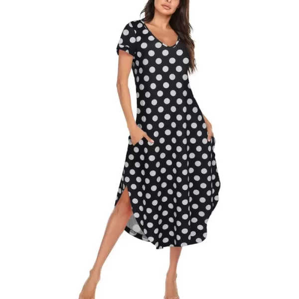 Ekouaer Nightgowns for Women V Neck Nightshirts Short Sleeve Soft Sleepwear Side Split Pockets Long Nightdress S3XLPat8 Black With White Dots