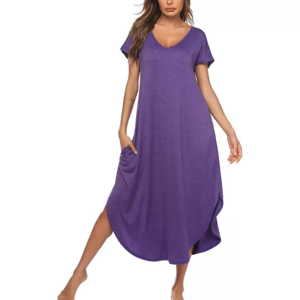 Ekouaer Nightgowns for Women V Neck Nightshirts Short Sleeve Soft Sleepwear Side Split Pockets Long Nightdress S3XLPurple