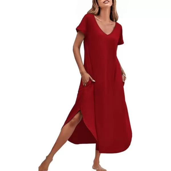 Ekouaer Nightgowns for Women V Neck Nightshirts Short Sleeve Soft Sleepwear Side Split Pockets Long Nightdress S3XLRed