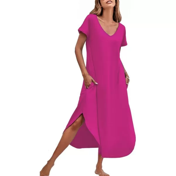 Ekouaer Nightgowns for Women V Neck Nightshirts Short Sleeve Soft Sleepwear Side Split Pockets Long Nightdress S3XLRose Red