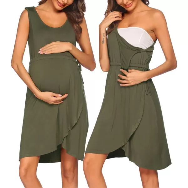 Ekouaer Nursing Nightgown 3 in 1 Sleeveless Maternity Labor Delivery Gown Hospital Nursing Dress BreastfeedingAarmy Green