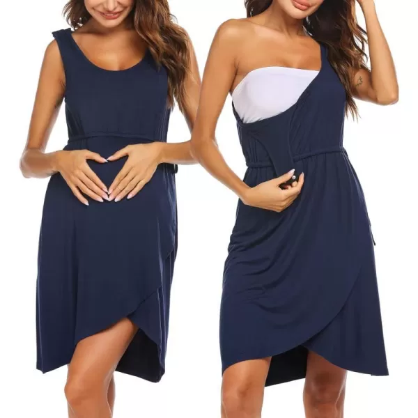 Ekouaer Nursing Nightgown 3 in 1 Sleeveless Maternity Labor Delivery Gown Hospital Nursing Dress BreastfeedingAnavy