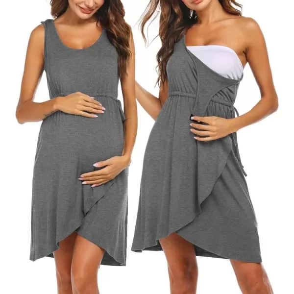 Ekouaer Nursing Nightgown 3 in 1 Sleeveless Maternity Labor Delivery Gown Hospital Nursing Dress BreastfeedingDark Grey