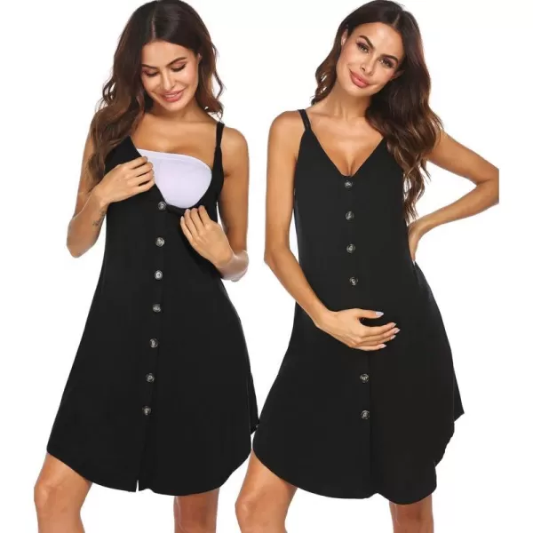 Ekouaer Nursing Nightgown Womens Maternity Dress Button Down Nightdress Sleeveless Breastfeeding Sleepwear Hospital GownBlack