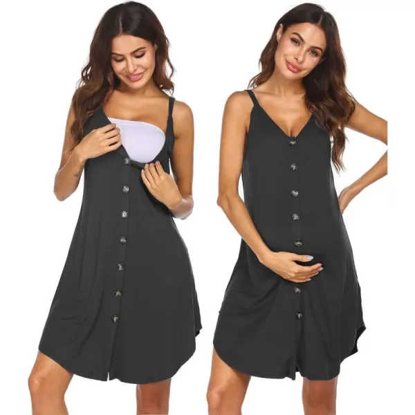 Ekouaer Nursing Nightgown Womens Maternity Dress Button Down Nightdress Sleeveless Breastfeeding Sleepwear Hospital GownDark Grey