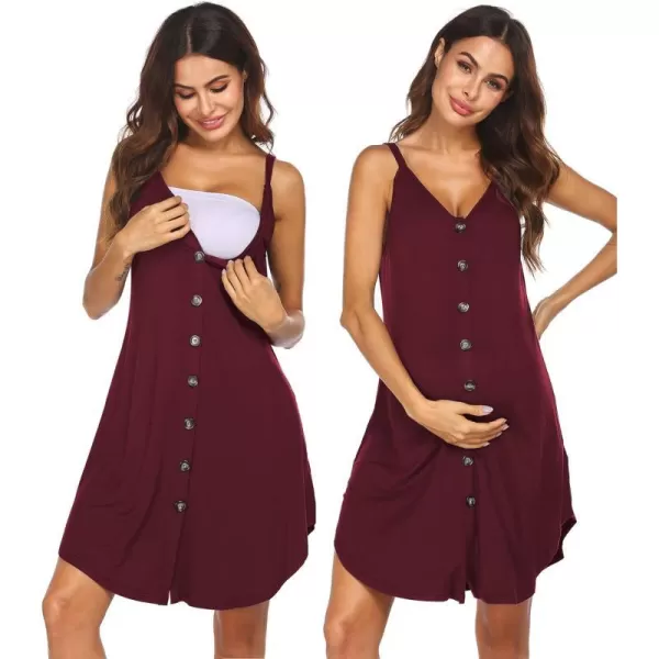 Ekouaer Nursing Nightgown Womens Maternity Dress Button Down Nightdress Sleeveless Breastfeeding Sleepwear Hospital GownDark Red