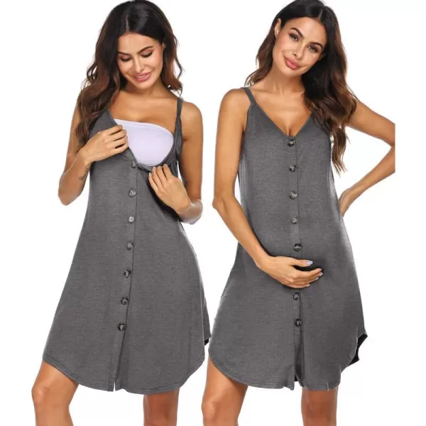 Ekouaer Nursing Nightgown Womens Maternity Dress Button Down Nightdress Sleeveless Breastfeeding Sleepwear Hospital GownGrey