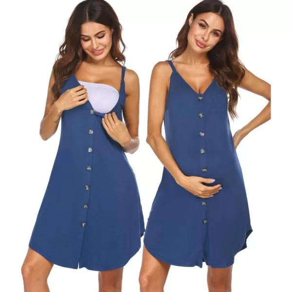 Ekouaer Nursing Nightgown Womens Maternity Dress Button Down Nightdress Sleeveless Breastfeeding Sleepwear Hospital GownNavy