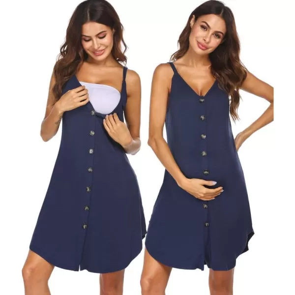 Ekouaer Nursing Nightgown Womens Maternity Dress Button Down Nightdress Sleeveless Breastfeeding Sleepwear Hospital GownNavy Blue