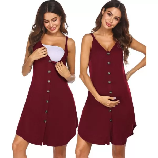 Ekouaer Nursing Nightgown Womens Maternity Dress Button Down Nightdress Sleeveless Breastfeeding Sleepwear Hospital GownWine Red