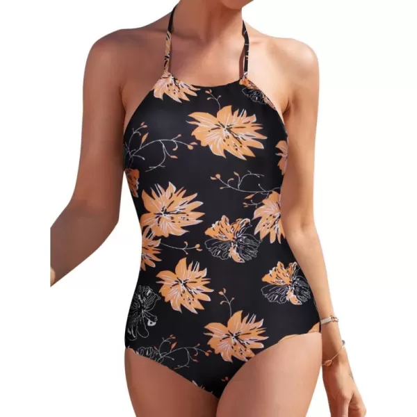 Ekouaer One Piece Swimsuit Halter High Neck Backless Womens Bathing Suit Tummy Control Swimwear SlimmingPat11 Orange Floral