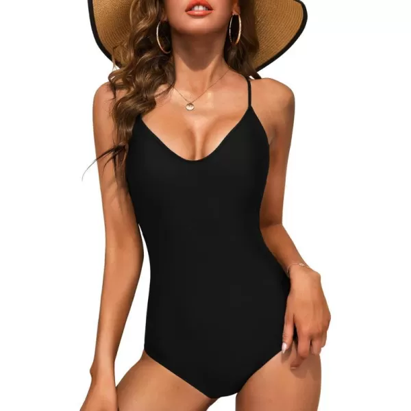 Ekouaer One Piece Swimsuits Women Bathing Suit V Neck Swimwear Tummy Control Monokini Cross Backless Swimming SuitsAblack