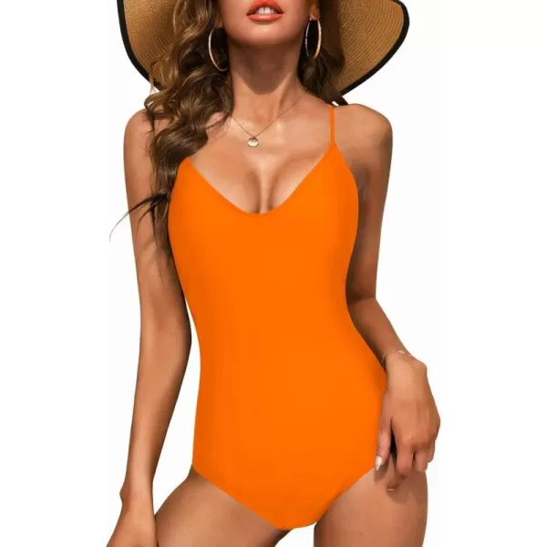 Ekouaer One Piece Swimsuits Women Bathing Suit V Neck Swimwear Tummy Control Monokini Cross Backless Swimming SuitsBright Orange