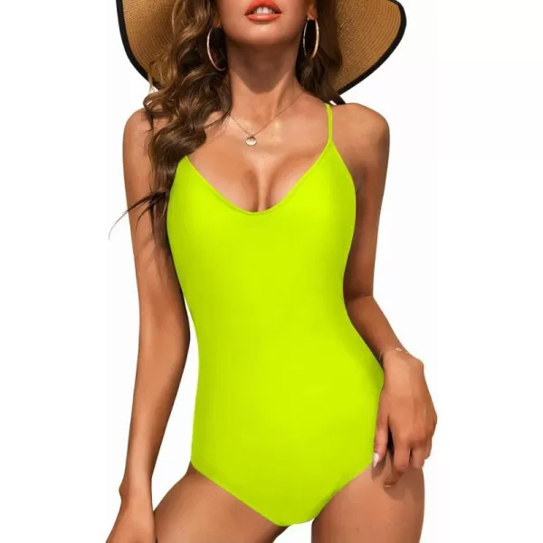 Ekouaer One Piece Swimsuits Women Bathing Suit V Neck Swimwear Tummy Control Monokini Cross Backless Swimming SuitsFluorescent Green