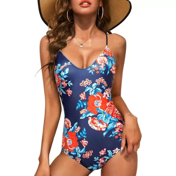 Ekouaer One Piece Swimsuits Women Bathing Suit V Neck Swimwear Tummy Control Monokini Cross Backless Swimming SuitsNavy Pat