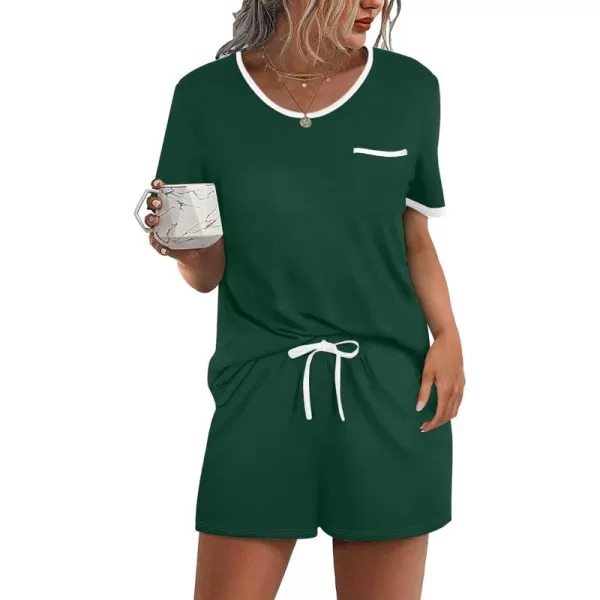 Ekouaer Pajama Set for Women 2 Piece Lounge Set Short Sleeve Tops and Shorts Soft Sleepwear Chest PocketDark Green