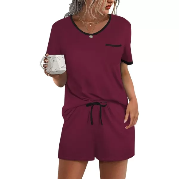 Ekouaer Pajama Set for Women 2 Piece Lounge Set Short Sleeve Tops and Shorts Soft Sleepwear Chest PocketDark Red