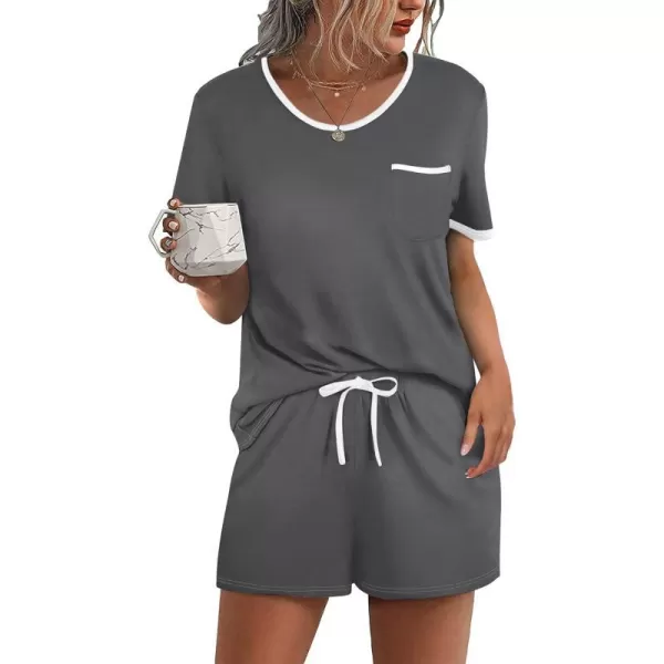 Ekouaer Pajama Set for Women 2 Piece Lounge Set Tops and Shorts Soft Sleepwear Chest Pocket01 Deep Grey