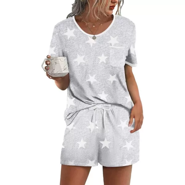 Ekouaer Pajama Set for Women 2 Piece Lounge Set Tops and Shorts Soft Sleepwear Chest PocketLight Grey White Star