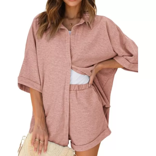 Ekouaer Pajama Sets Waffle Knit Women Short Sleeves Pjs Button Up Matching Sleepwear 2 Piece Lounge SetsApink