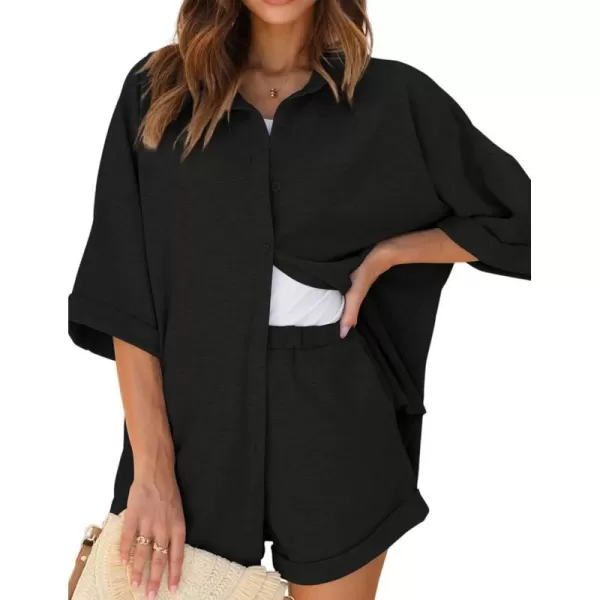 Ekouaer Pajama Sets Waffle Knit Women Short Sleeves Pjs Button Up Matching Sleepwear 2 Piece Lounge SetsBlack