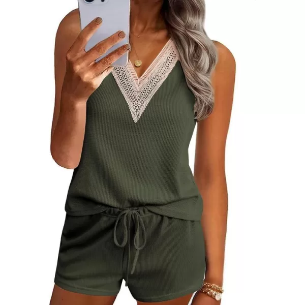 Ekouaer Pajama Sets for Women 2 piece Tank Top and Shorts Waffle Knit Pj Sets with Lace Vneck Sleepwear LoungewearArmy Green