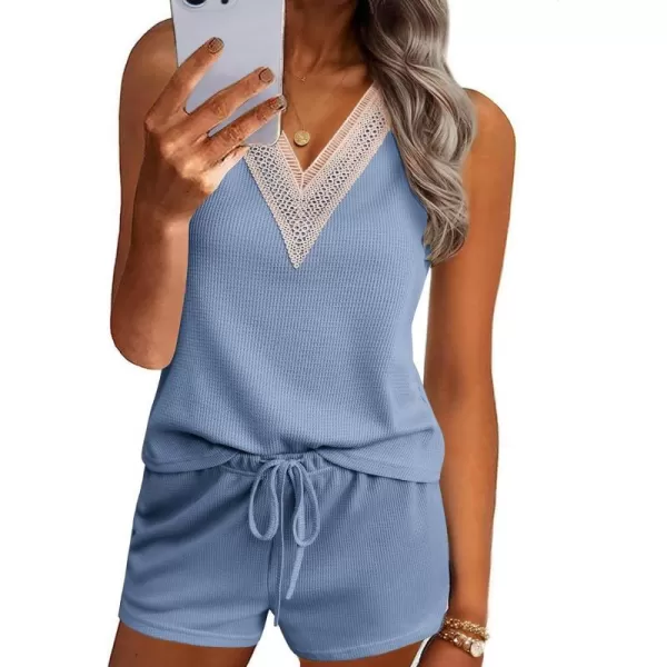 Ekouaer Pajama Sets for Women 2 piece Tank Top and Shorts Waffle Knit Pj Sets with Lace Vneck Sleepwear LoungewearClear Blue