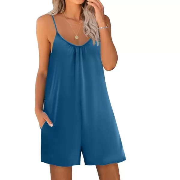 Ekouaer Pajamas Rompers Women One Piece Sleepwear Loose Tank Jumpsuits Loungewear V Neck Straps Harem PlaysuitBlue Green