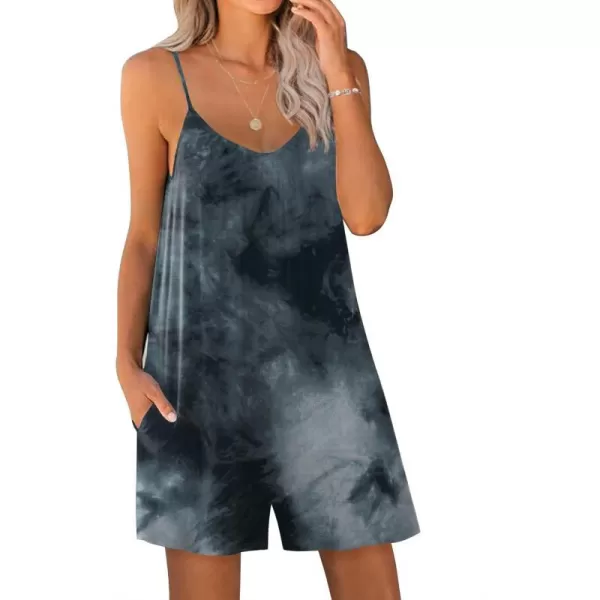 Ekouaer Pajamas Rompers Women One Piece Sleepwear Loose Tank Jumpsuits Loungewear V Neck Straps Harem PlaysuitGrey Black Tie Dye