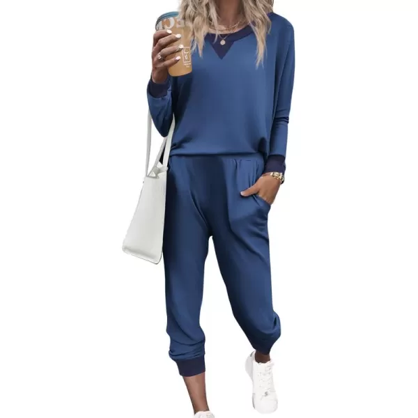 Ekouaer Pajamas Set Long Sleeve Pj Sets 2 Piece Jogger Pajama Sets Soft Sleepwear Loungewear for WomenDeep Blue