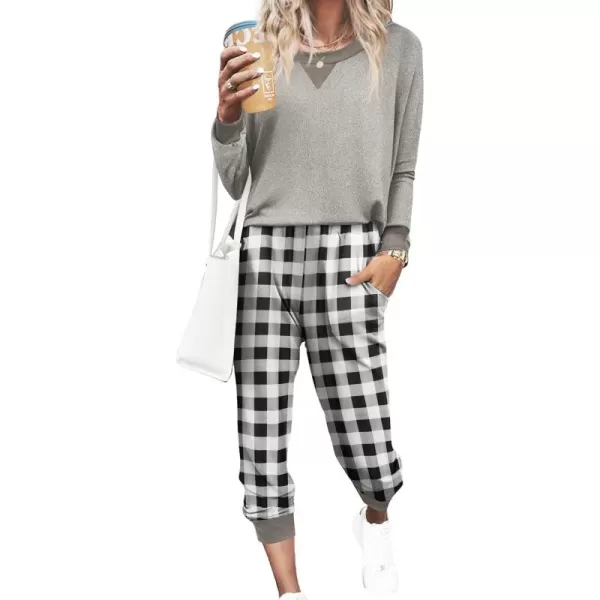 Ekouaer Pajamas Set Long Sleeve Pj Sets 2 Piece Jogger Pajama Sets Soft Sleepwear Loungewear for WomenGrey Plaid