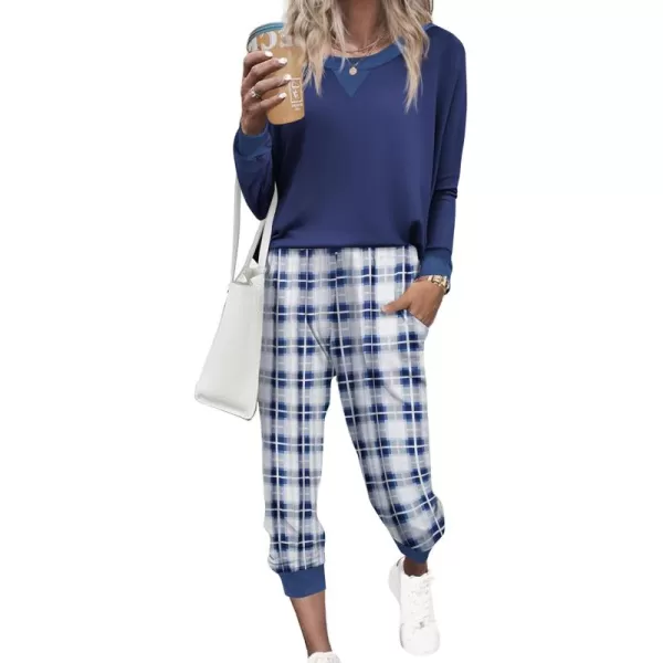 Ekouaer Pajamas Set Long Sleeve Pj Sets 2 Piece Jogger Pajama Sets Soft Sleepwear Loungewear for WomenNavy Blue Plaid