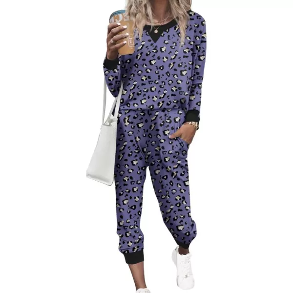 Ekouaer Pajamas Set Long Sleeve Pj Sets 2 Piece Jogger Pajama Sets Soft Sleepwear Loungewear for WomenPurple Leopard