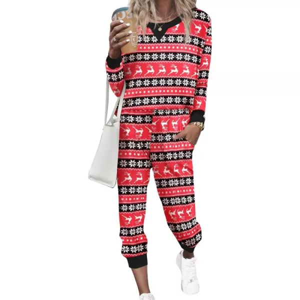 Ekouaer Pajamas Set Long Sleeve Pj Sets 2 Piece Jogger Pajama Sets Soft Sleepwear Loungewear for WomenRed Deer