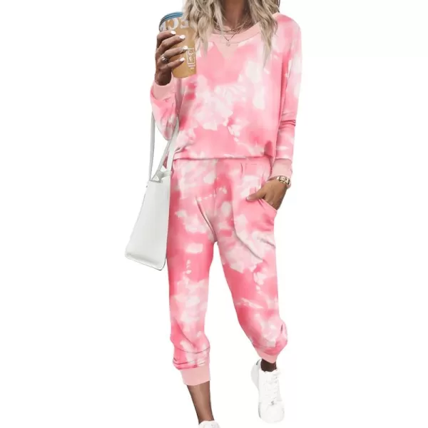 Ekouaer Pajamas Set Long Sleeve Pj Sets 2 Piece Jogger Pajama Sets Soft Sleepwear Loungewear for WomenTie Dye Pink White