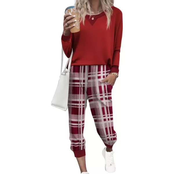 Ekouaer Pajamas Set Long Sleeve Pj Sets 2 Piece Jogger Pajama Sets Soft Sleepwear Loungewear for WomenWine Red Plaid