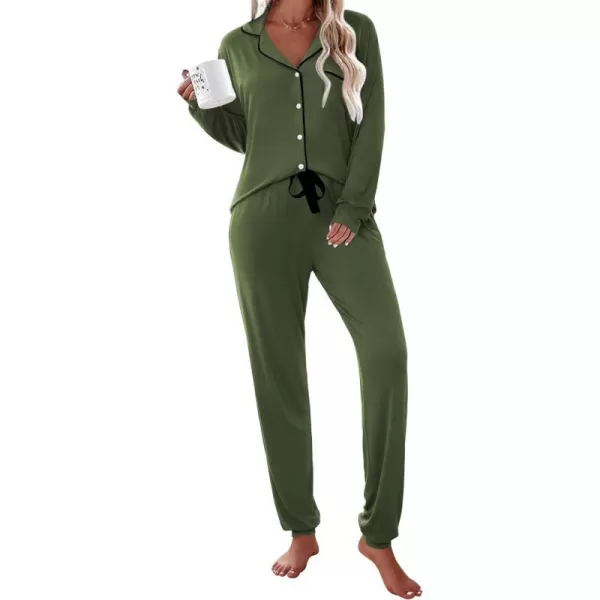 Ekouaer Pajamas Set Long Sleeve Sleepwear Womens Button Down Nightwear Soft Pj Loungewear Sets with PocketsArmy Green