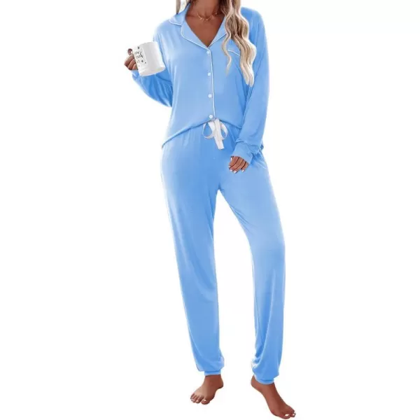 Ekouaer Pajamas Set Long Sleeve Sleepwear Womens Button Down Nightwear Soft Pj Loungewear Sets with PocketsBaby Blue