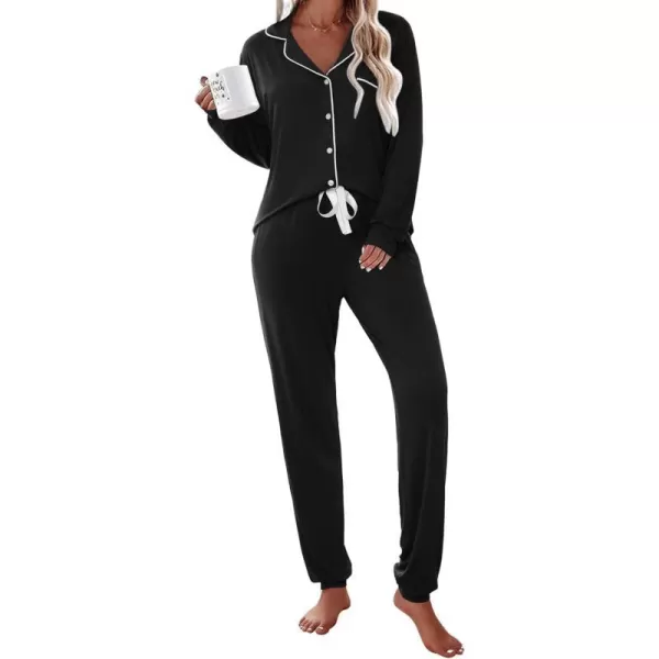 Ekouaer Pajamas Set Long Sleeve Sleepwear Womens Button Down Nightwear Soft Pj Loungewear Sets with PocketsBlack