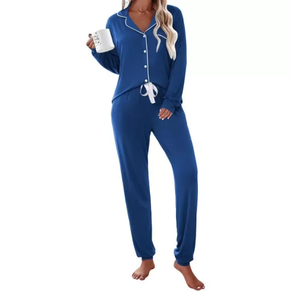 Ekouaer Pajamas Set Long Sleeve Sleepwear Womens Button Down Nightwear Soft Pj Loungewear Sets with PocketsBlue