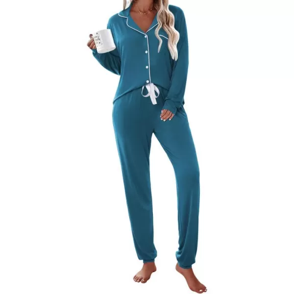 Ekouaer Pajamas Set Long Sleeve Sleepwear Womens Button Down Nightwear Soft Pj Loungewear Sets with PocketsBlue Green