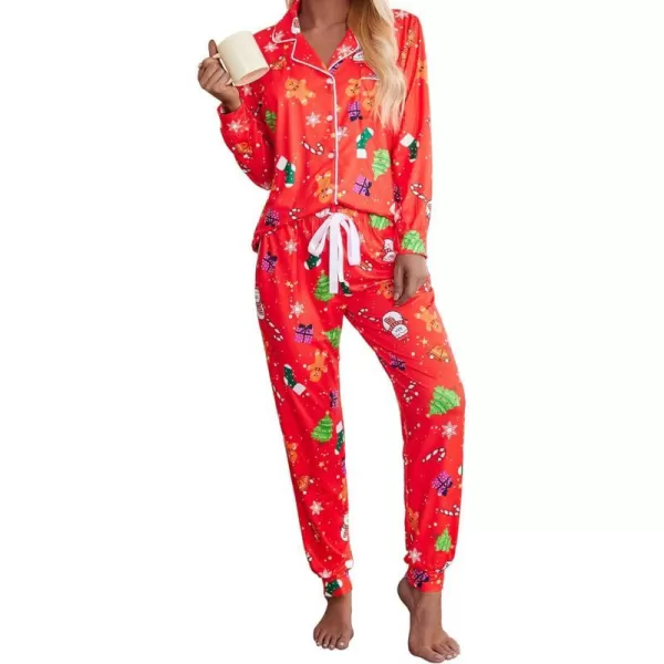 Ekouaer Pajamas Set Long Sleeve Sleepwear Womens Button Down Nightwear Soft Pj Loungewear Sets with PocketsChristmas Snowman