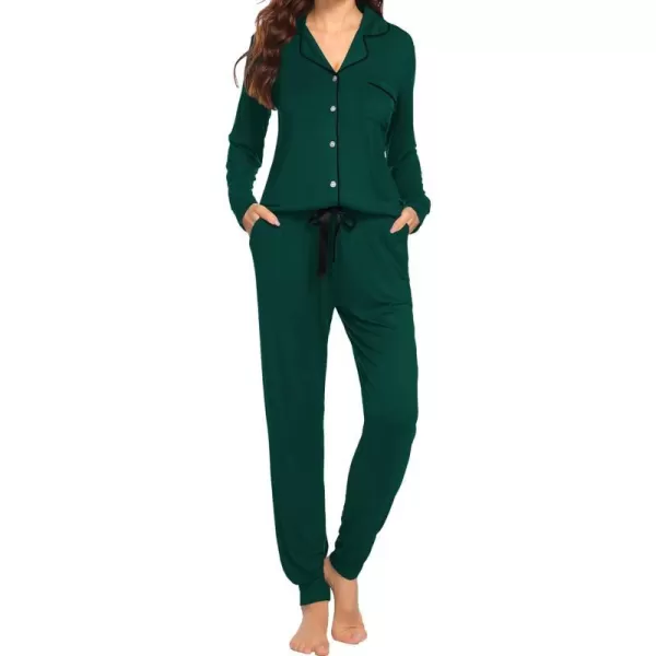 Ekouaer Pajamas Set Long Sleeve Sleepwear Womens Button Down Nightwear Soft Pj Loungewear Sets with PocketsDark Green