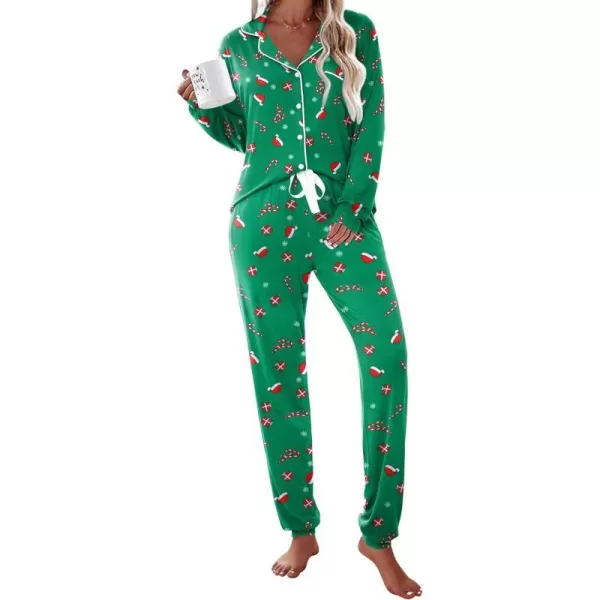 Ekouaer Pajamas Set Long Sleeve Sleepwear Womens Button Down Nightwear Soft Pj Loungewear Sets with PocketsGreen Christmas Print